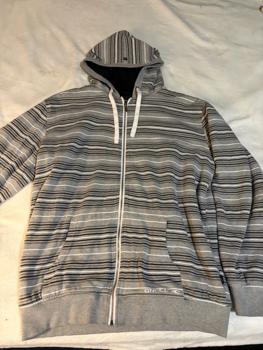 O'Neill Men's Gray Striped Zip-Up Hoodie with Black Accents